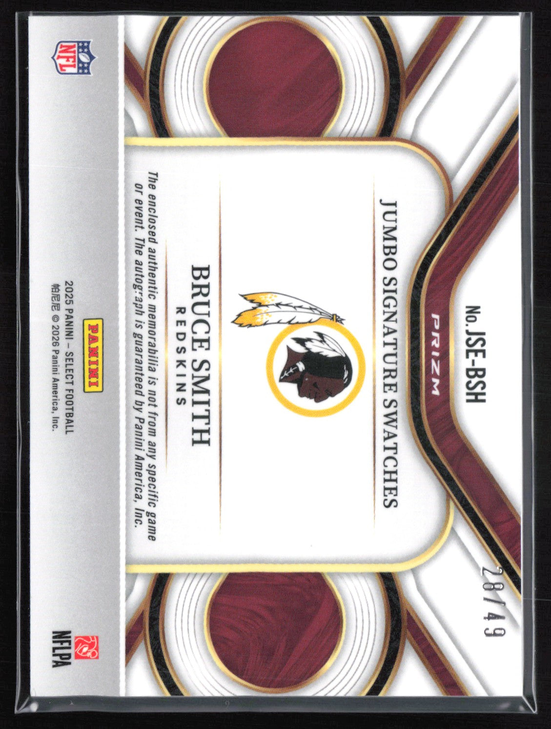Bruce Smith Patch Auto /49 2025 Panini Select Signature Swatches Copper