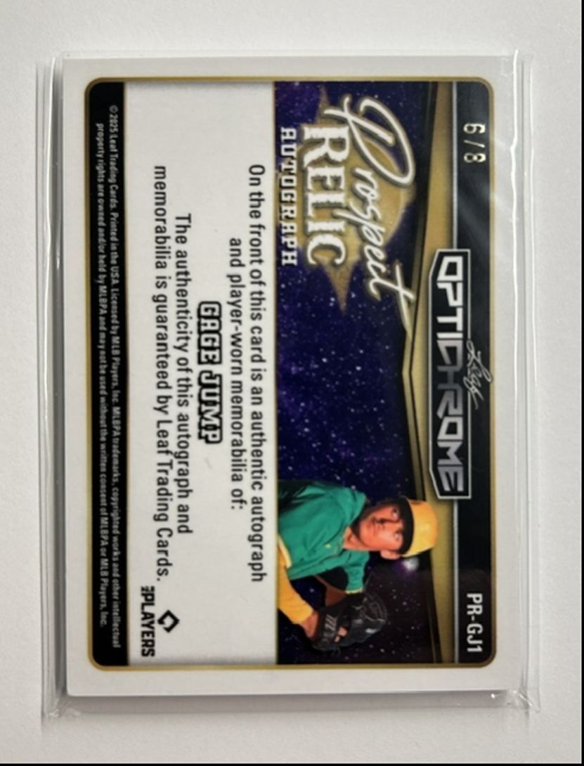 Gage Jump /8 Auto Relic Prospect Relic Autograph 2025 Leaf Optichrome