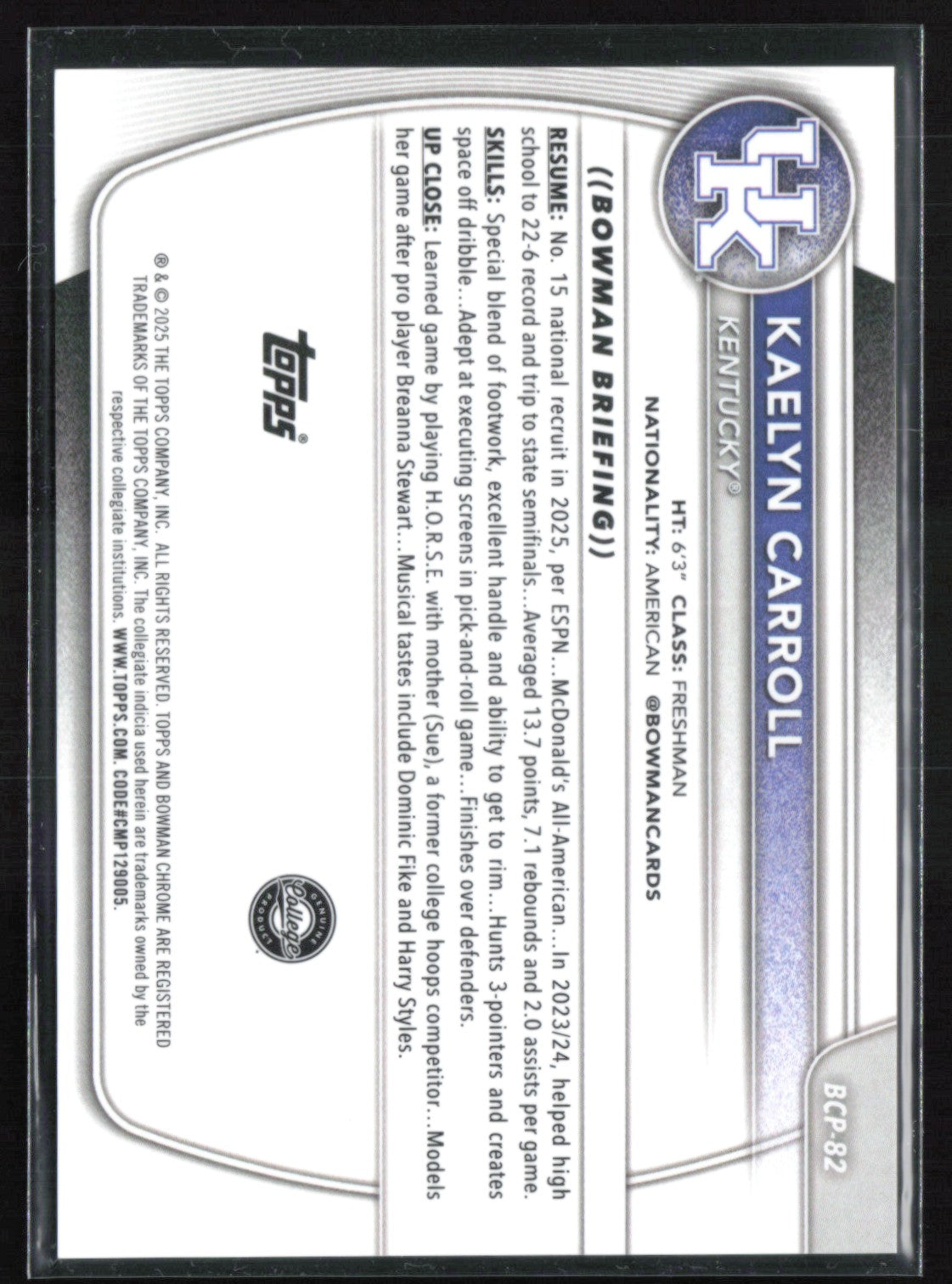 Kaelyn Carroll 1st Bowman /50 Gold Refractor Prospects