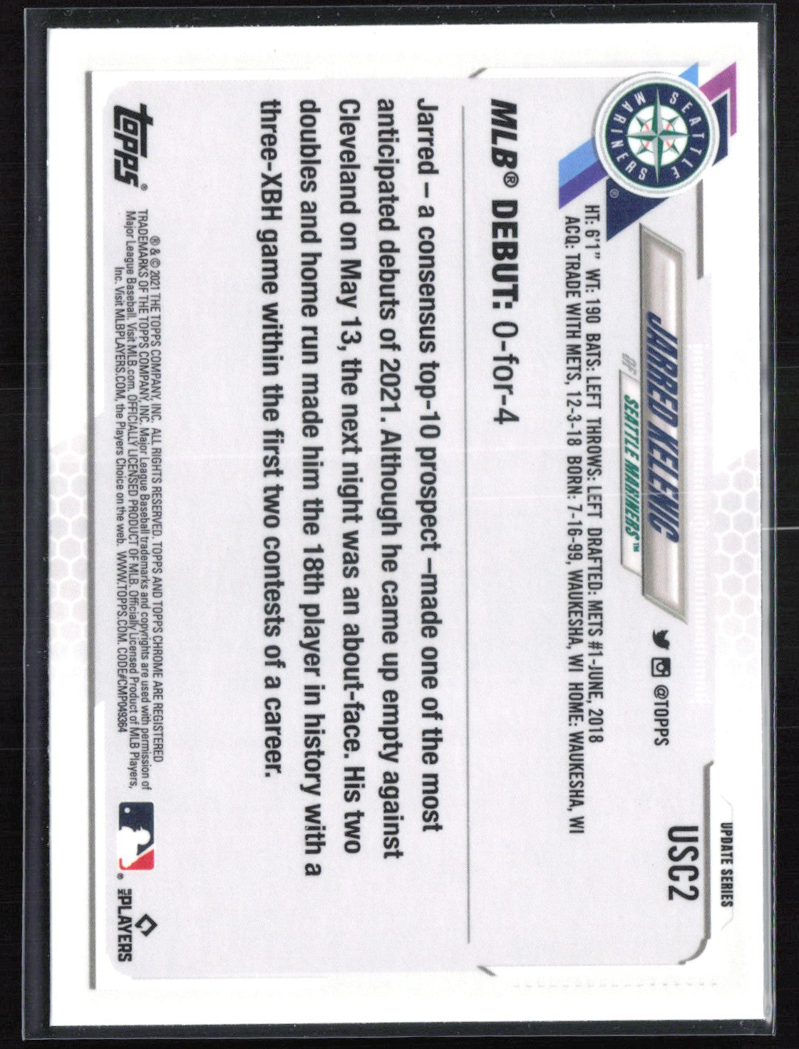 2021 Topps Chrome Update USC2 Jarred Kelenic RC Purple