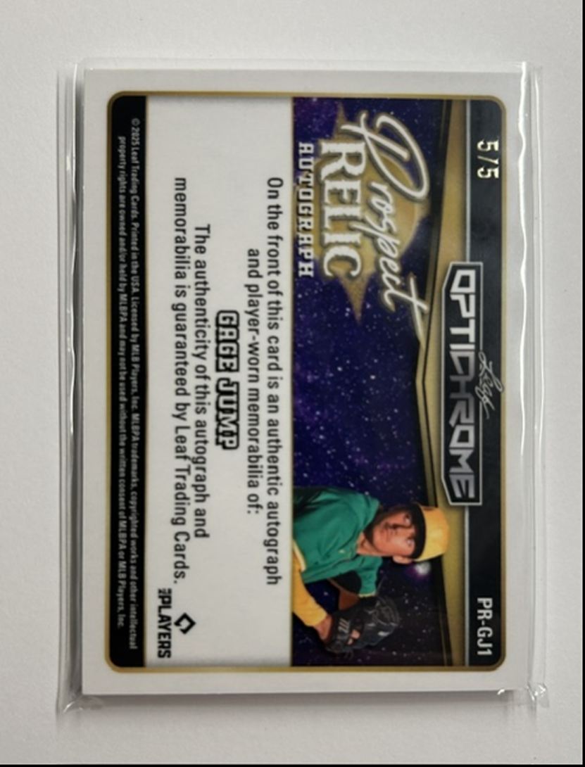 Gage Jump /5 Auto Relic Prospect Relic Autograph 2025 Leaf Optichrome