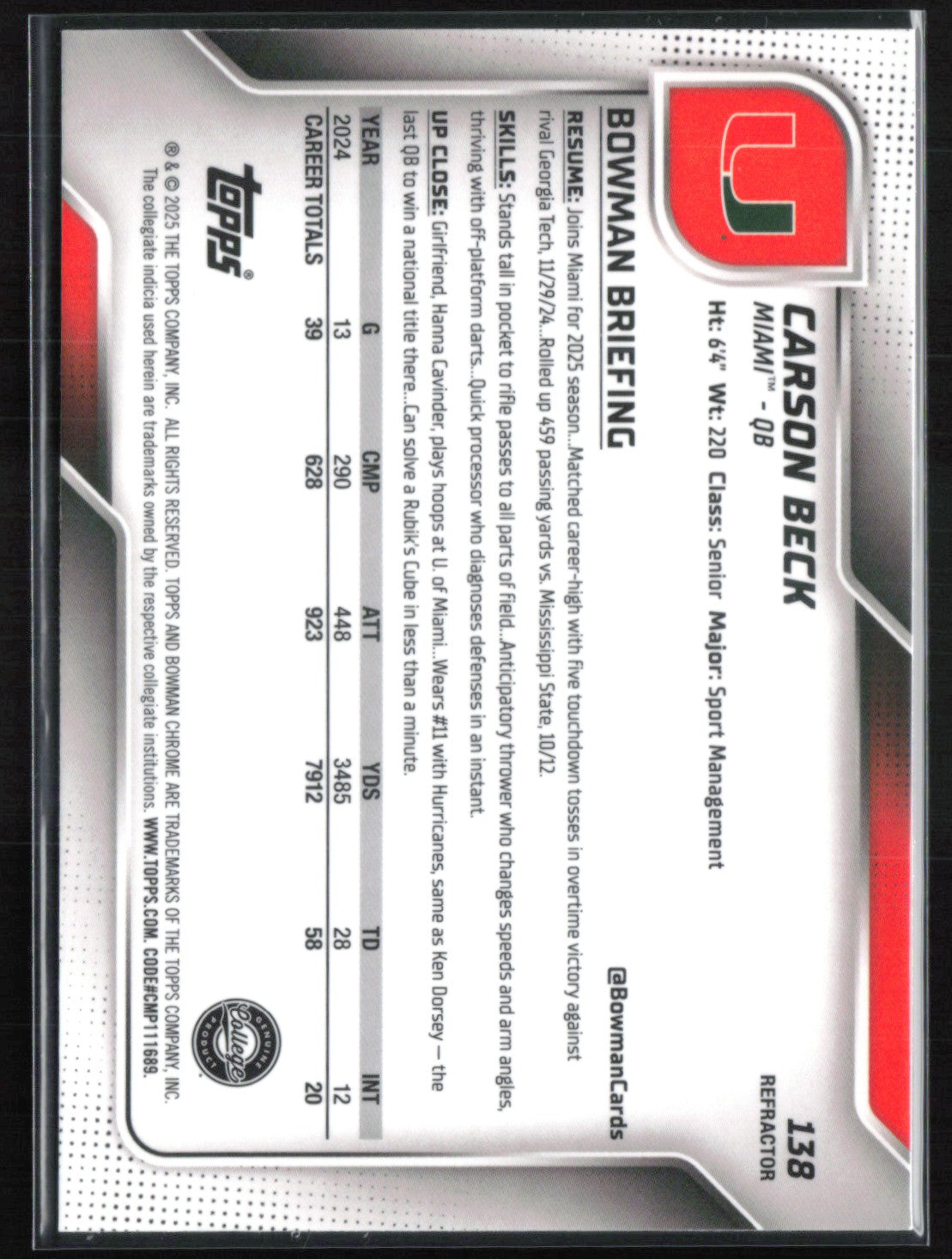 Carson Beck Refractor