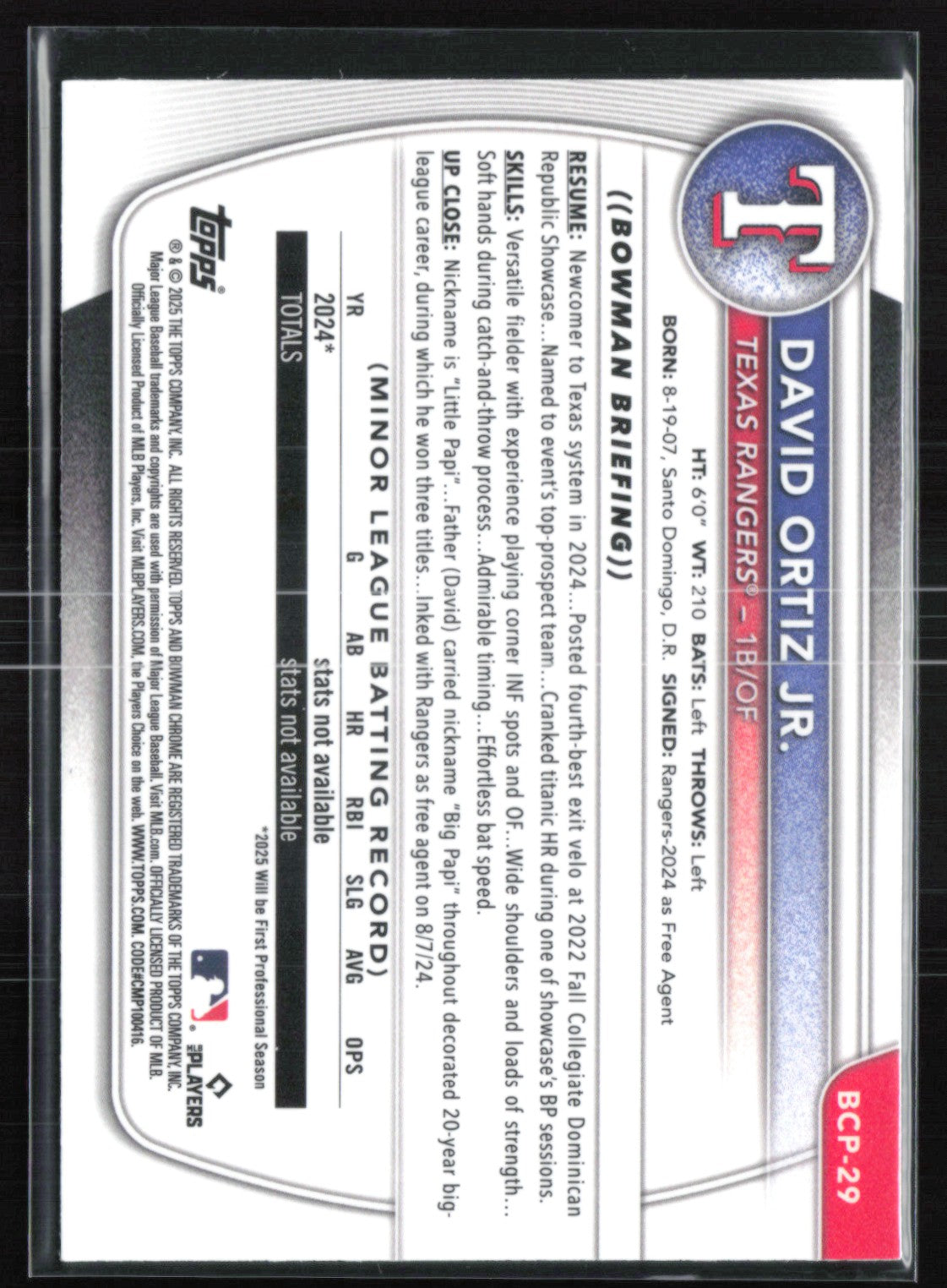 David Ortiz Jr. 1st Bowman Mini Diamond