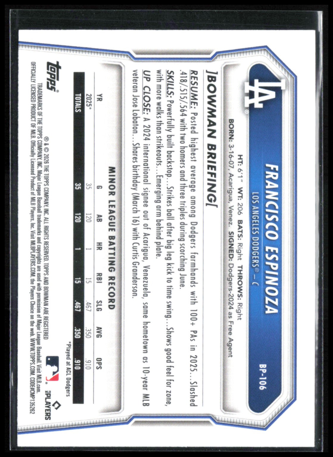 Francisco Espinoza 1st Bowman Blue /499