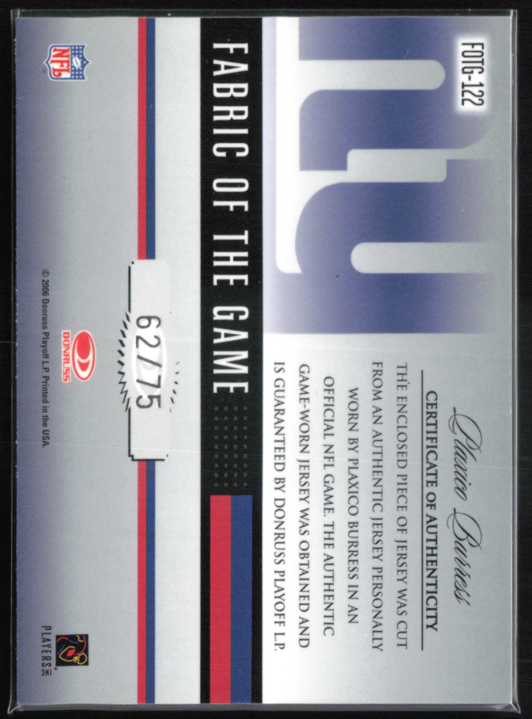 Plaxico Burress Game-Worn Jersey /75 Fabric of the Game