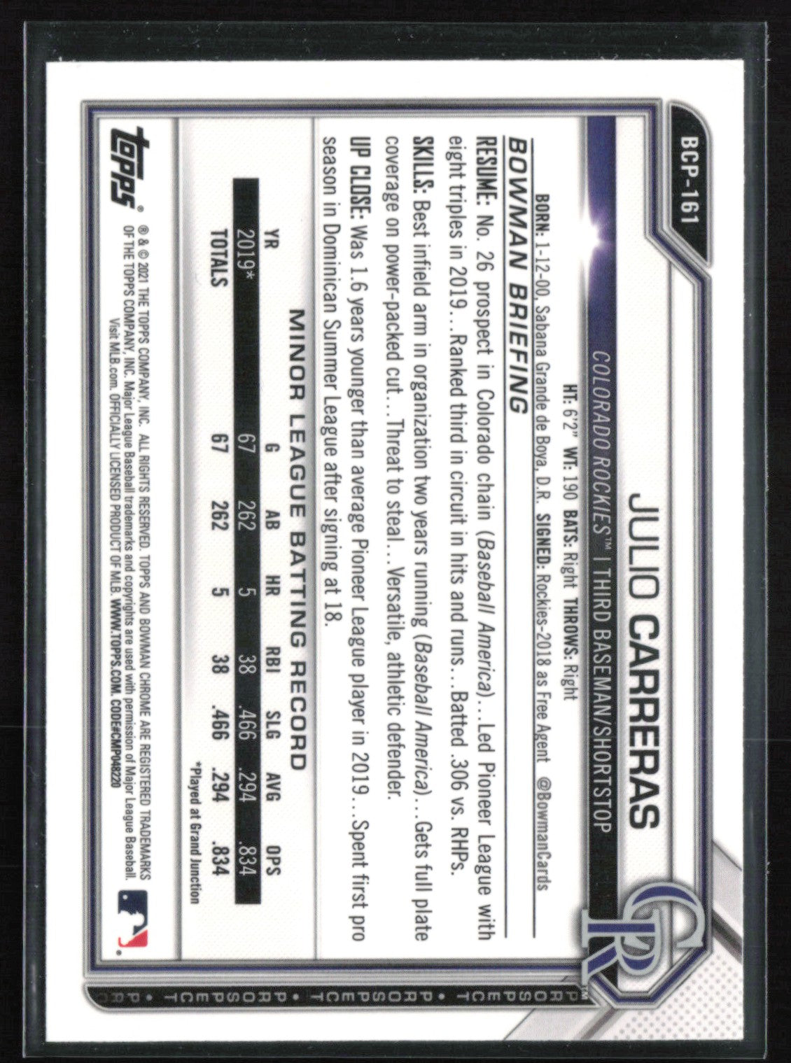 Julio Carreras 1st Bowman Mojo