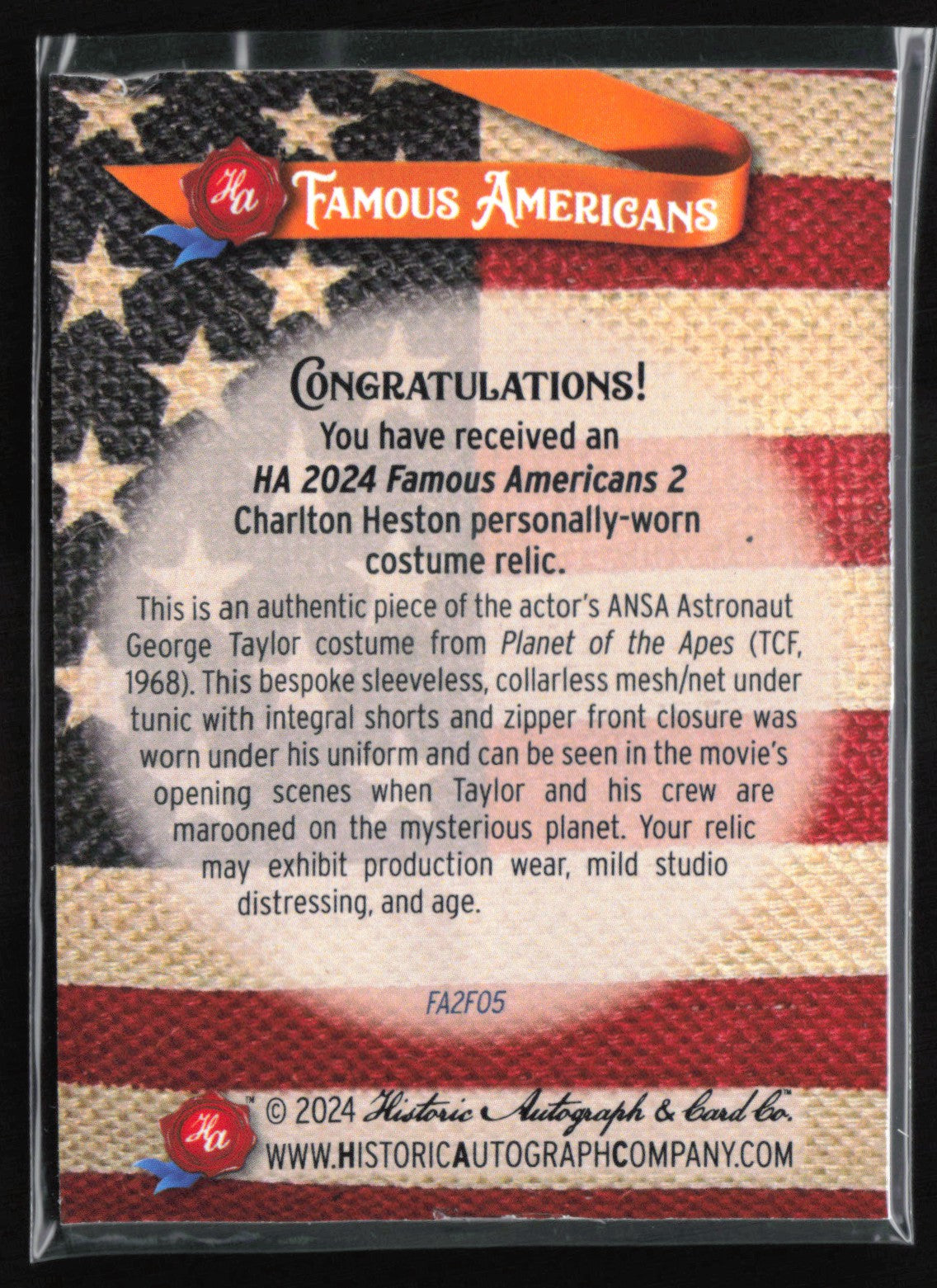 Charlton Heston Fabric Relic 2024 Famous Americans (Card shows heavy creasing)