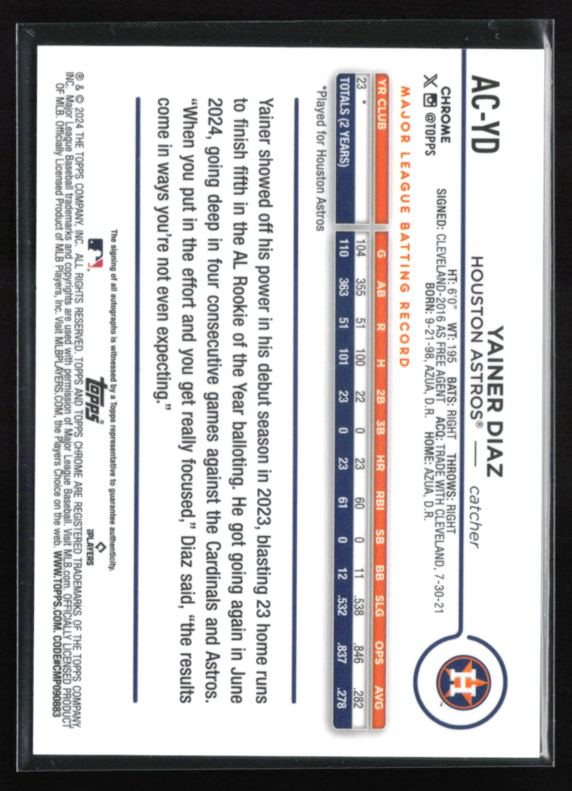 Yainer Diaz Auto Rookie Cup