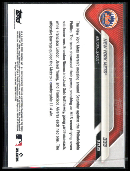 New York Mets Red /5 2025 Topps Now #333 Tie MLB Record with 7 Solo HRs