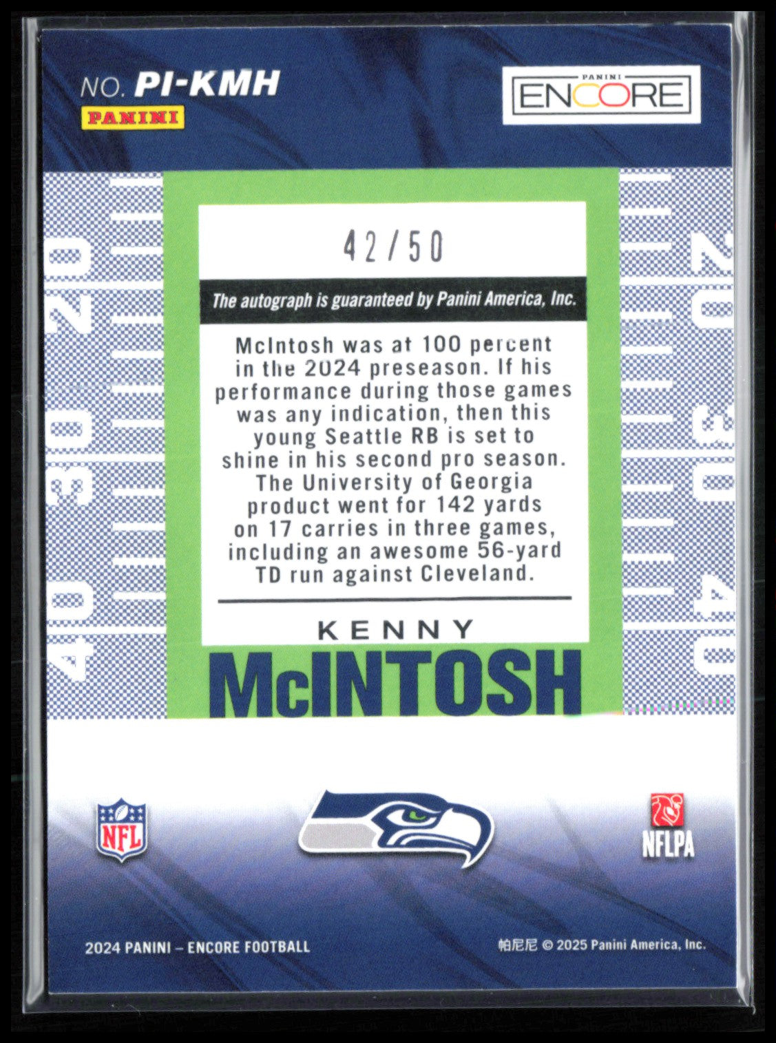 Kenny McIntosh Auto /50 Pinnacle Inscriptions