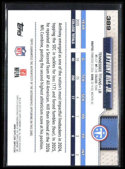 Anthony Hill Jr RC Auto 2026 Topps Flagship