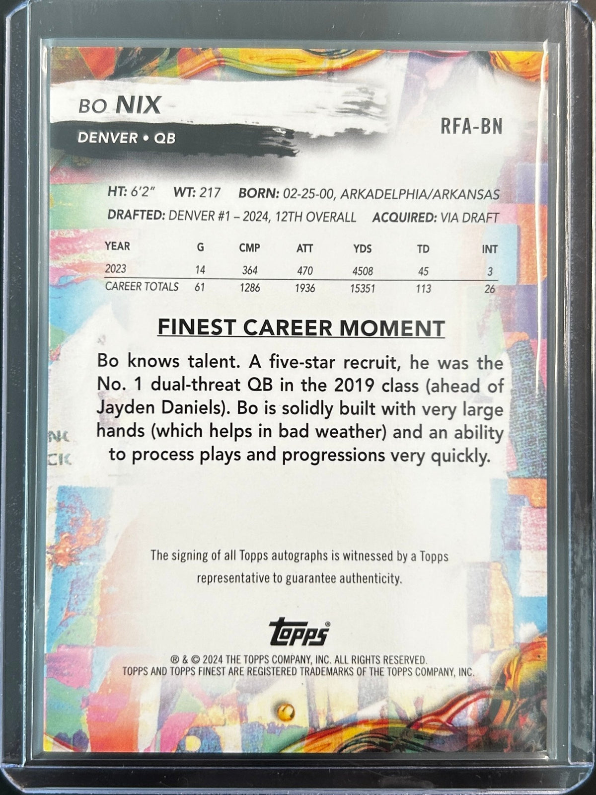 Bo Nix RC Auto 2024 Topps Finest #RFA-BN
