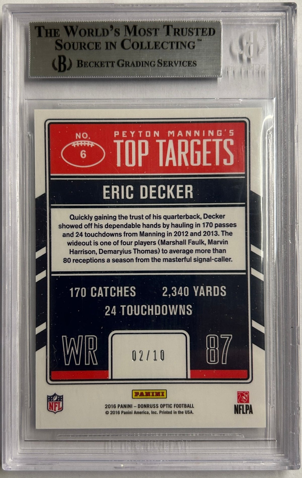 Eric Decker/Peyton Manning's Top Targets Gold Prizm /10 2016 Optic BGS 9