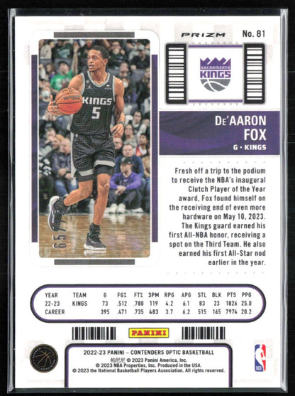 De'Aaron Fox Pink Holo /75 Season Ticket