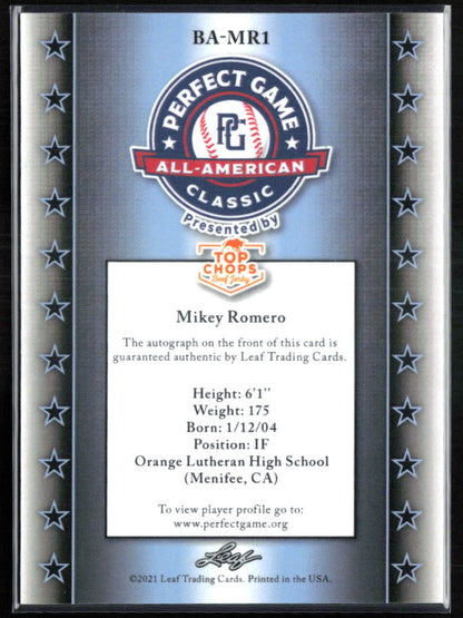 Mikey Romero Auto Perfect Game Classic 2021 Leaf