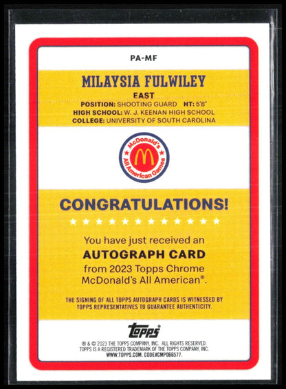 Milaysia Fulwiley Auto  2023 Topps Chrome McDonald's All American